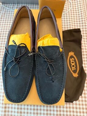 Tod's navy Suede Braided Lace Driving Loafers Mocs NEW IN BOX BARNEYS 8.5